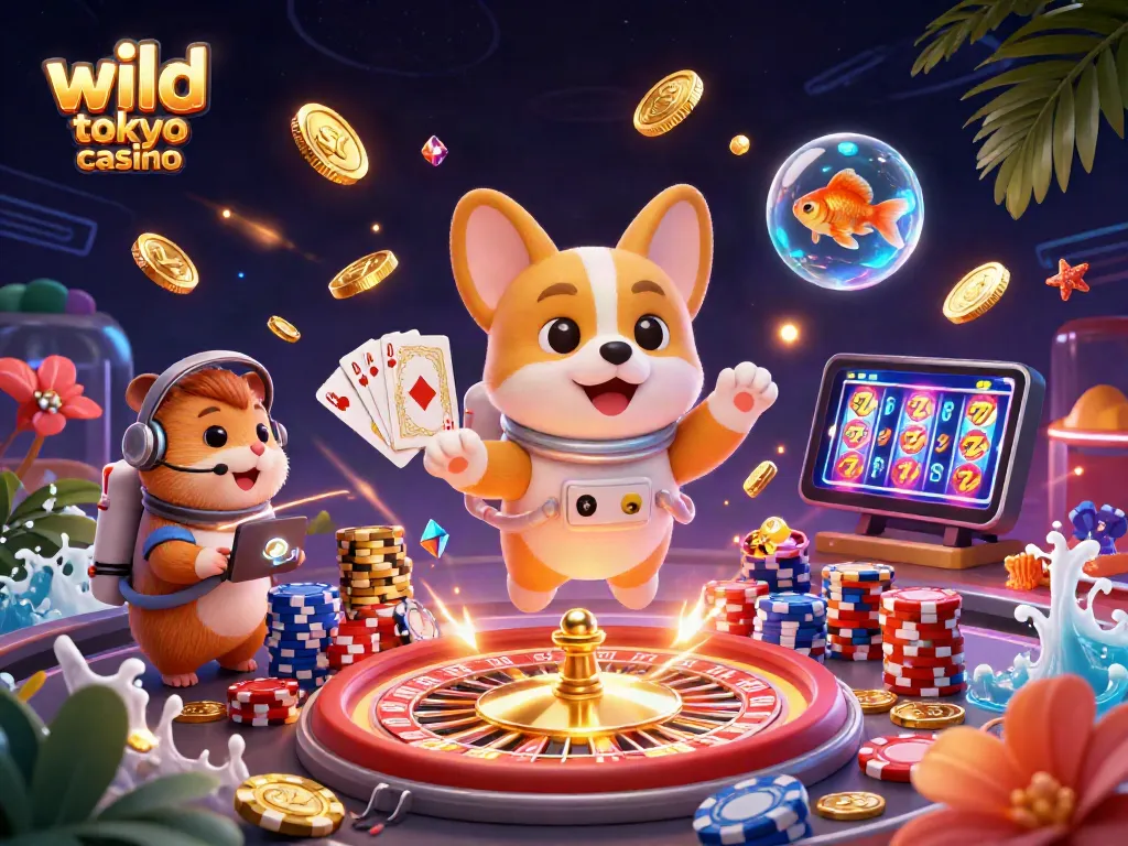 Experience thrilling gaming at wild tokyo casino with vibrant characters, poker chips, and gold coins.