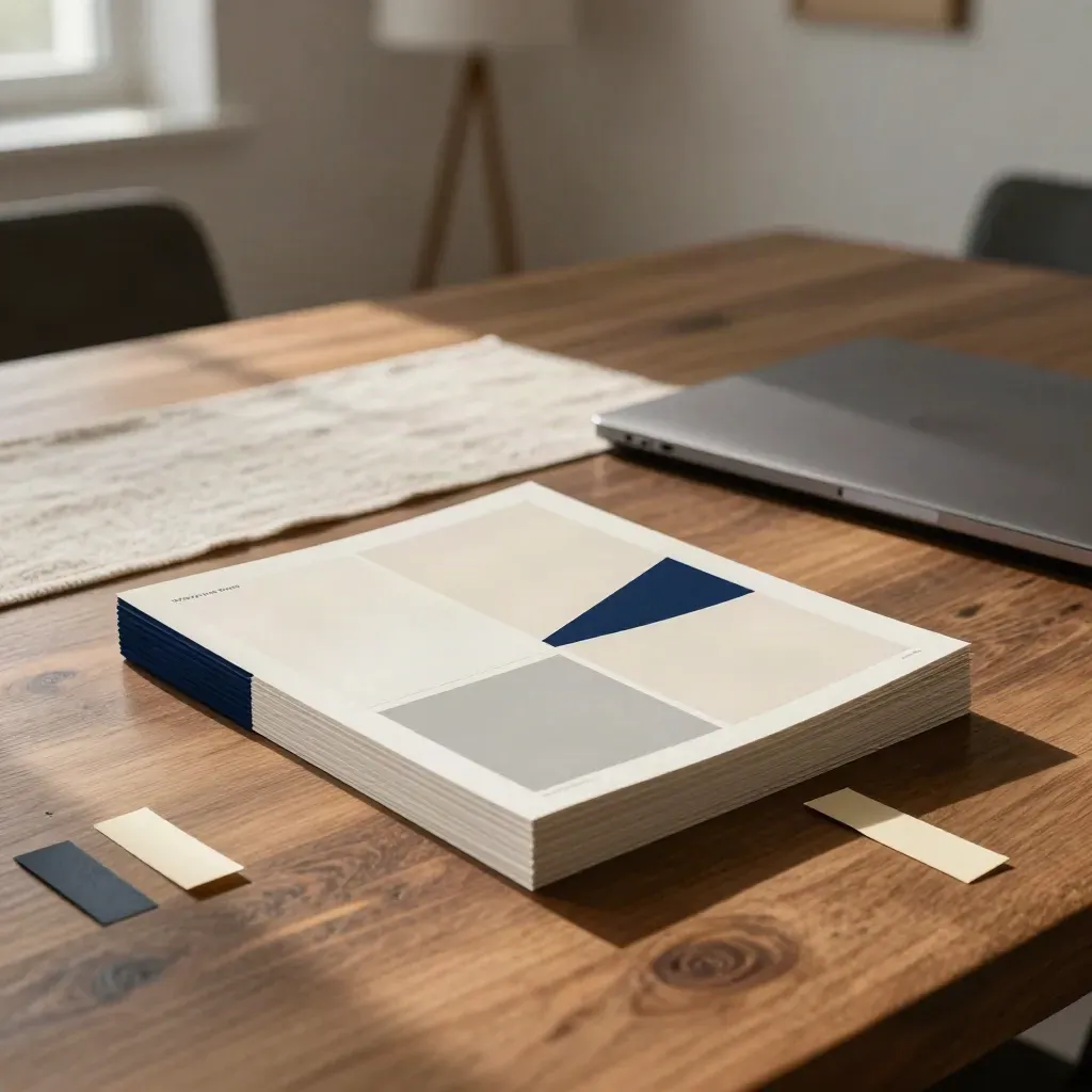 Mazzo di slide stampate con segnapagina e laptop chiuso su un tavolo in noce, luce calda laterale.