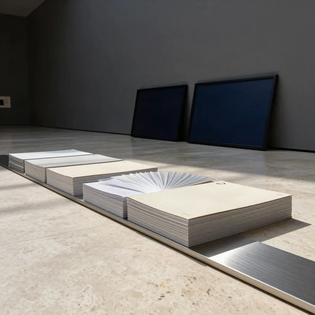 Allestimento di galleria vuota con cataloghi, inviti neutri e schermi spenti su pavimento in travertino.