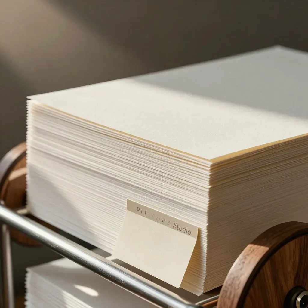 Carrello con campioni di carta, etichette e cartelli neutri, in controluce caldo e polvere sospesa.