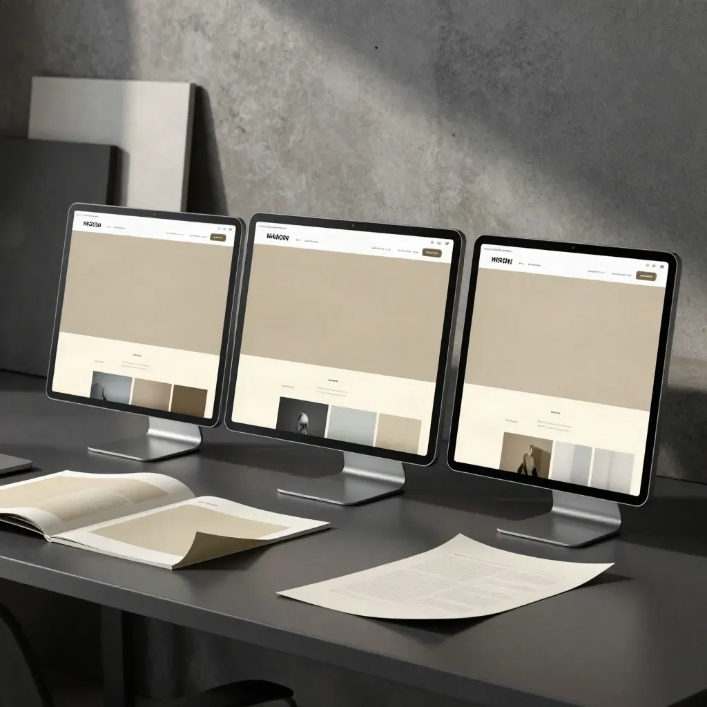 Tre mockup web su pannelli neri inclinati, carte layout e luce fredda di studio.