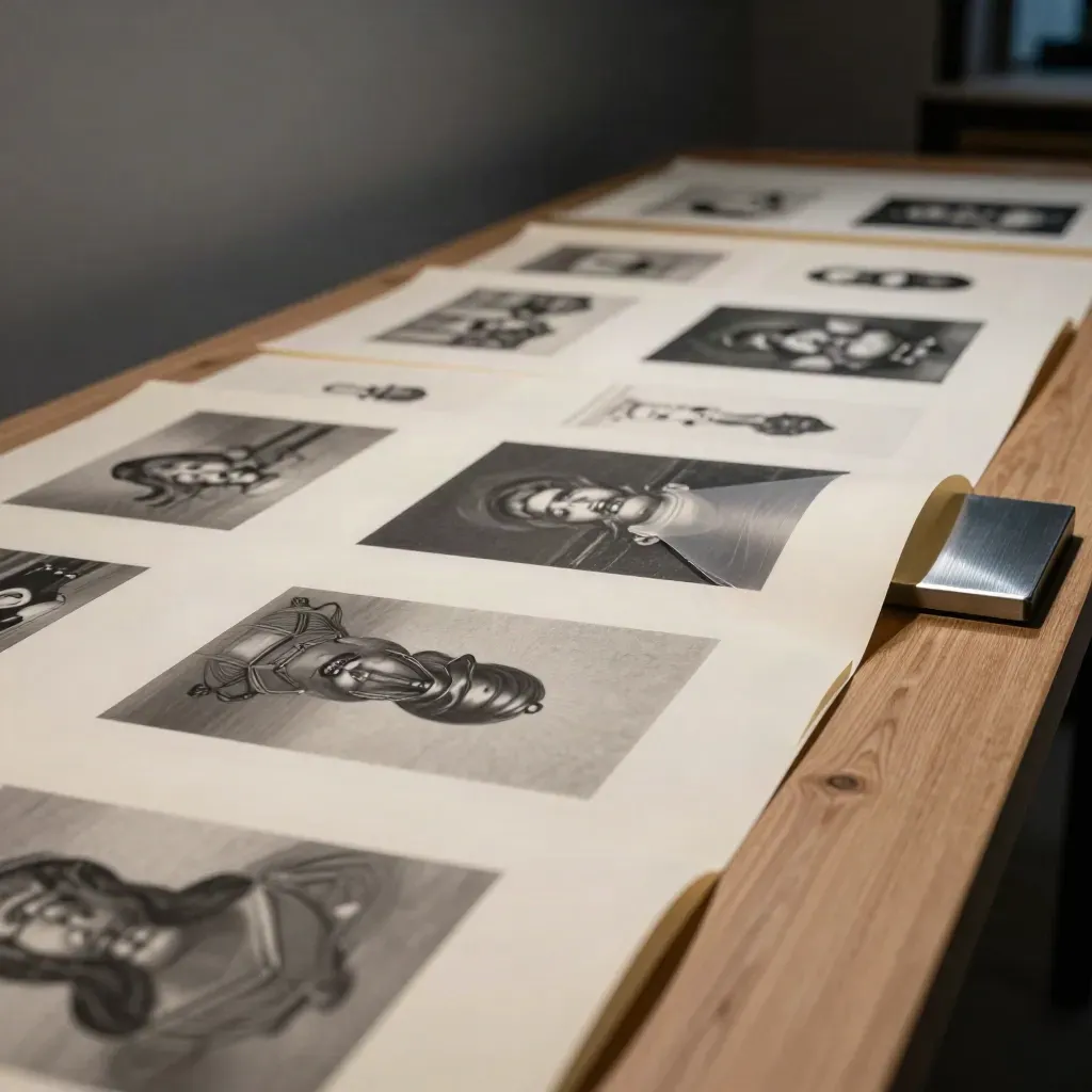 Fogli di layout e prove grafiche scivolano su un tavolo di lavoro, luce serale morbida.