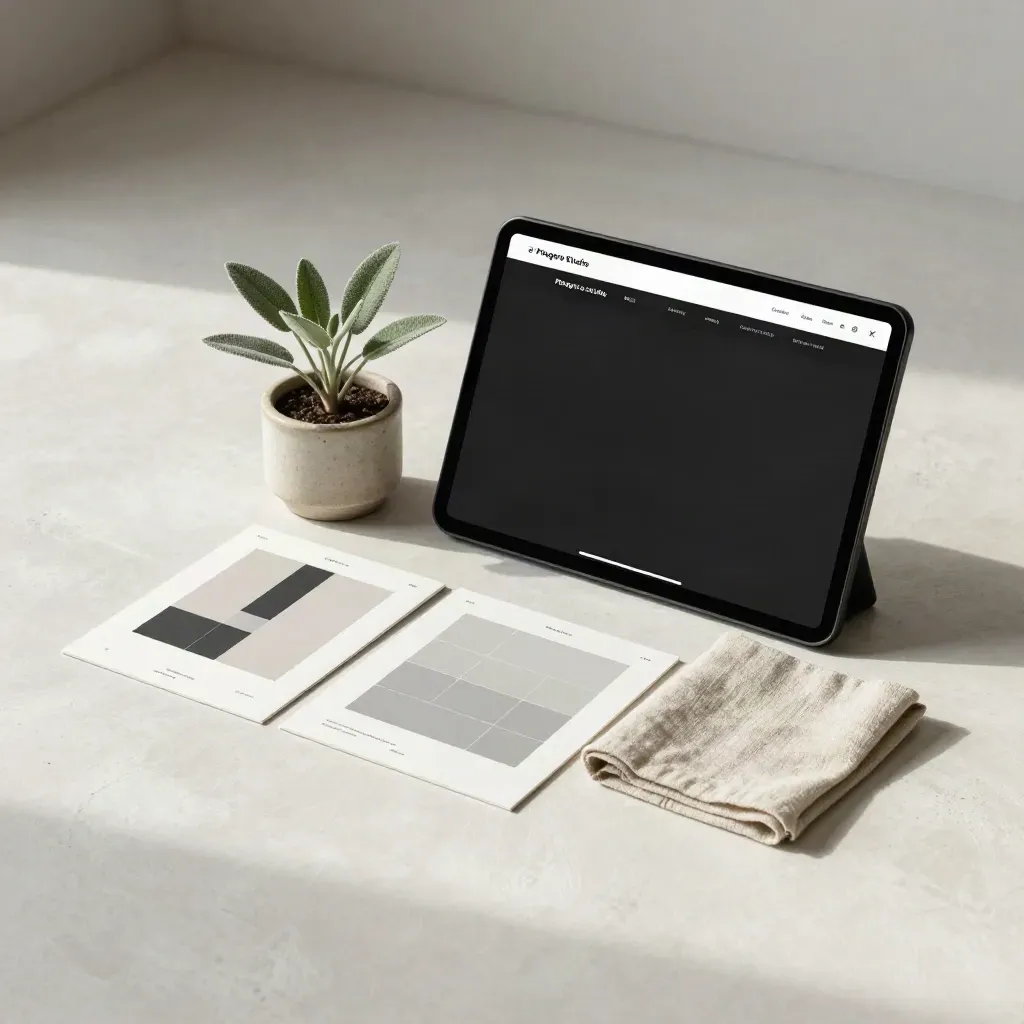 Schermo spento, card layout e una piccola pianta su fondo in gesso per un mockup web minimal.